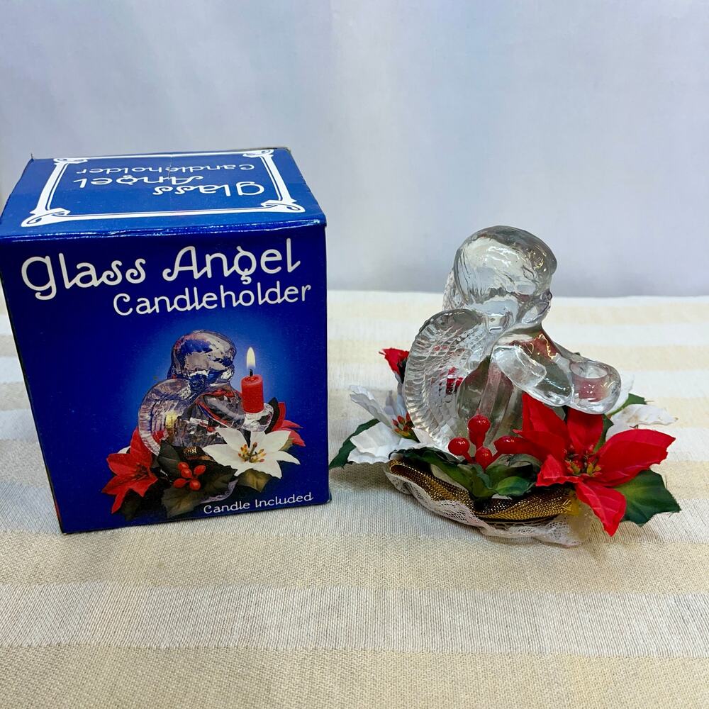 Clear Glass Angel Candleholder Vintage Christmas Artificial Poinsettias 4.25"